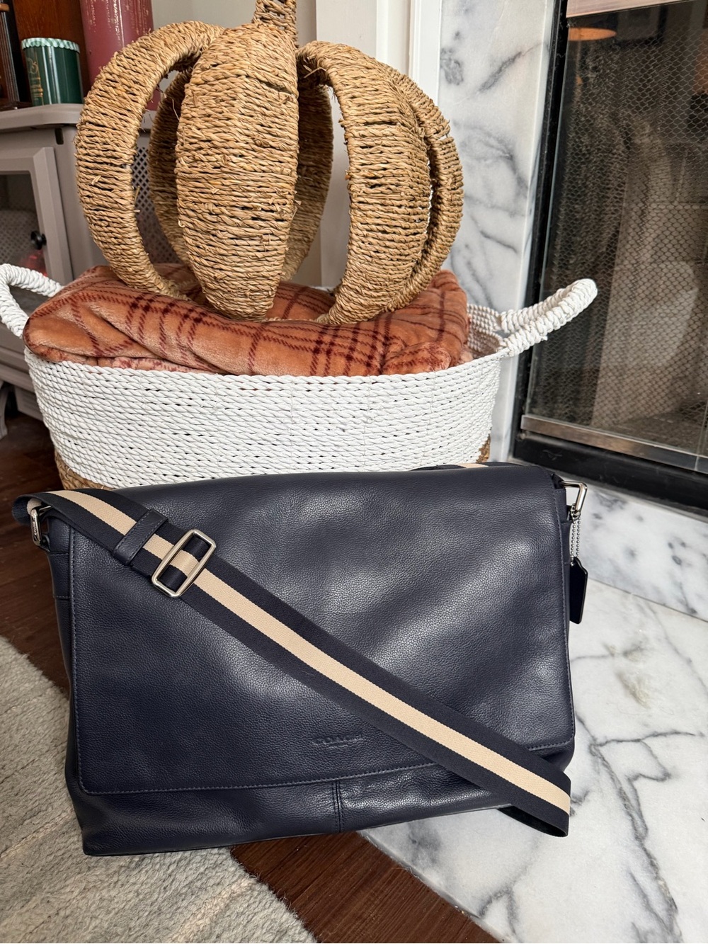 Coach Men's Navy Leather Messenger Bag with Contrast Strap